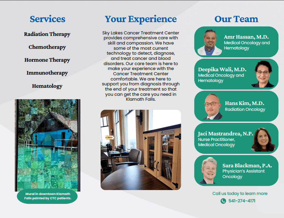 The inside of a brochure about Sky Lake's Cancer Treatment center with the headers "Services", "Your Experience" and "Our Team".